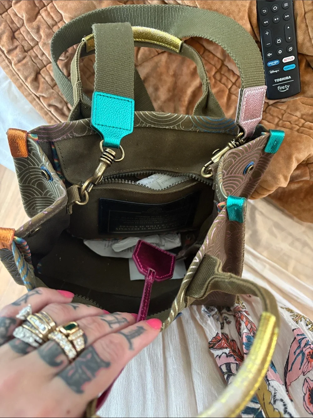 Multicolor Canvas Tote with Olive Straps
